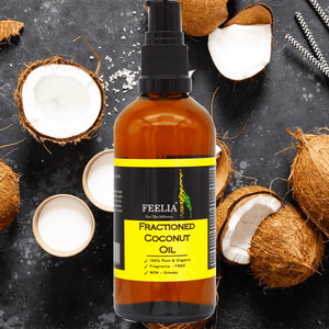 Fraction coconut oil, maisturiser for skin, natural oil for hair, with coconut backround 